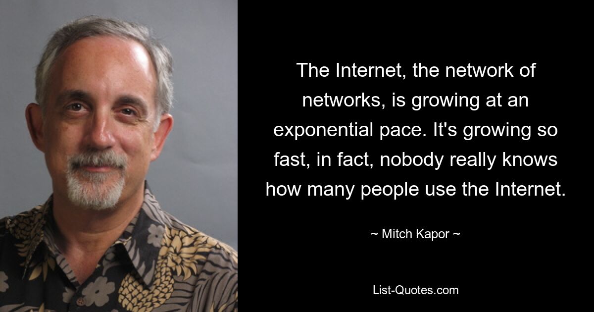 The Internet, the network of networks, is growing at an exponential pace. It's growing so fast, in fact, nobody really knows how many people use the Internet. — © Mitch Kapor