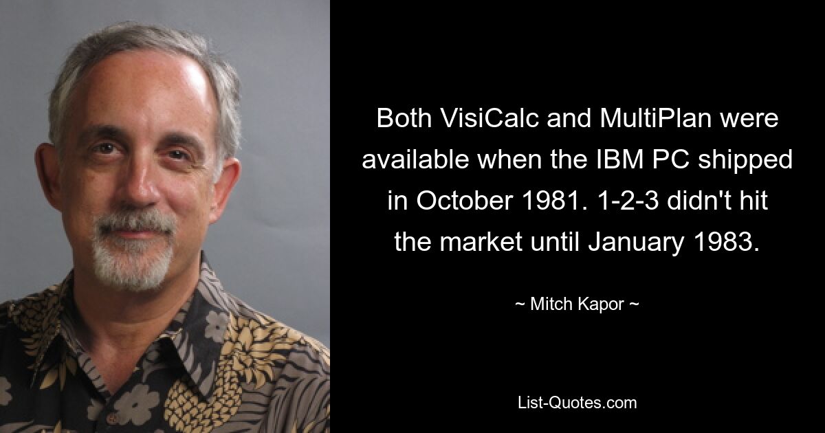 Both VisiCalc and MultiPlan were available when the IBM PC shipped in October 1981. 1-2-3 didn't hit the market until January 1983. — © Mitch Kapor