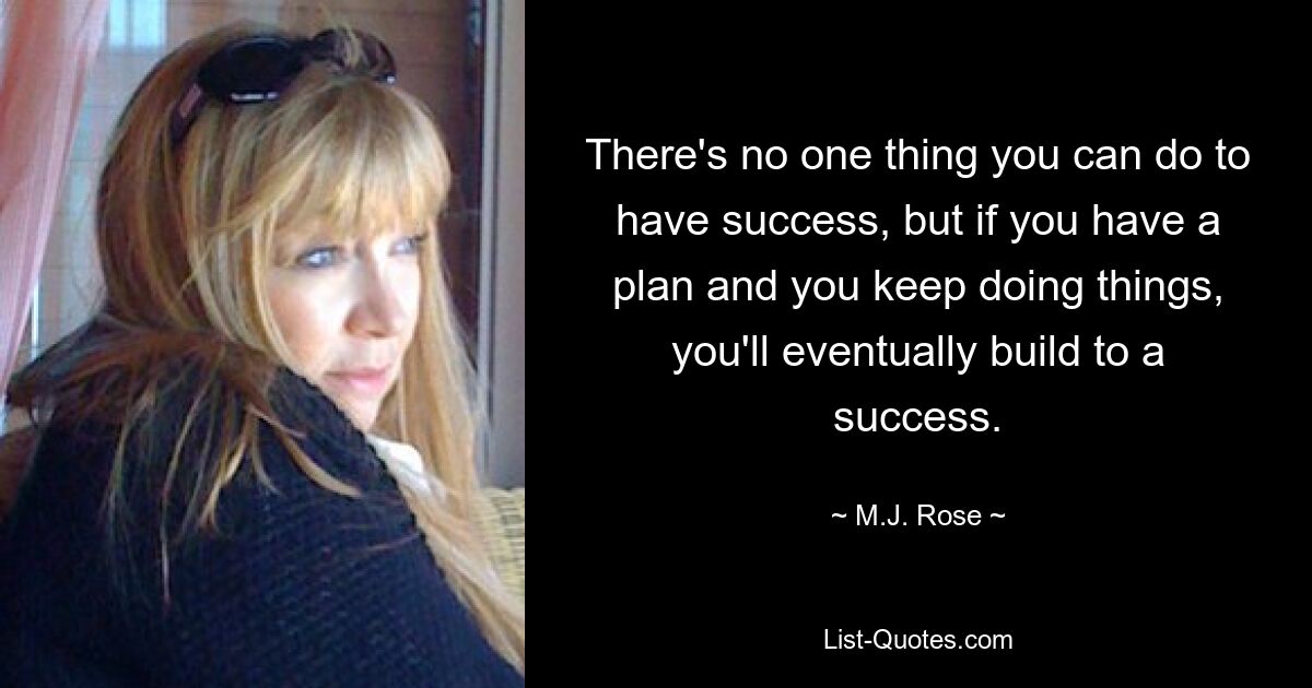 There's no one thing you can do to have success, but if you have a plan and you keep doing things, you'll eventually build to a success. — © M.J. Rose