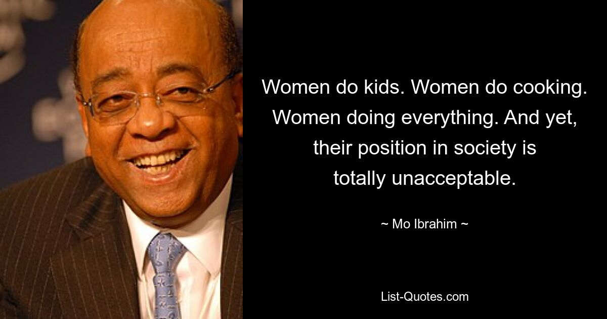 Women do kids. Women do cooking. Women doing everything. And yet, their position in society is totally unacceptable. — © Mo Ibrahim