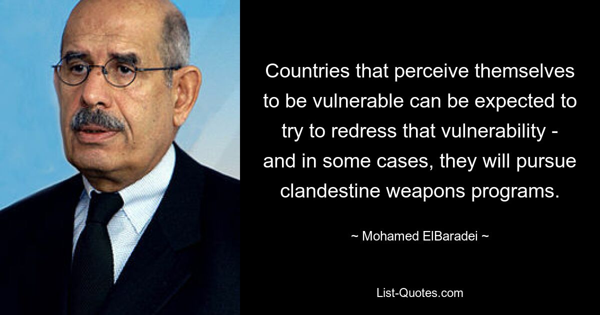 Countries that perceive themselves to be vulnerable can be expected to try to redress that vulnerability - and in some cases, they will pursue clandestine weapons programs. — © Mohamed ElBaradei