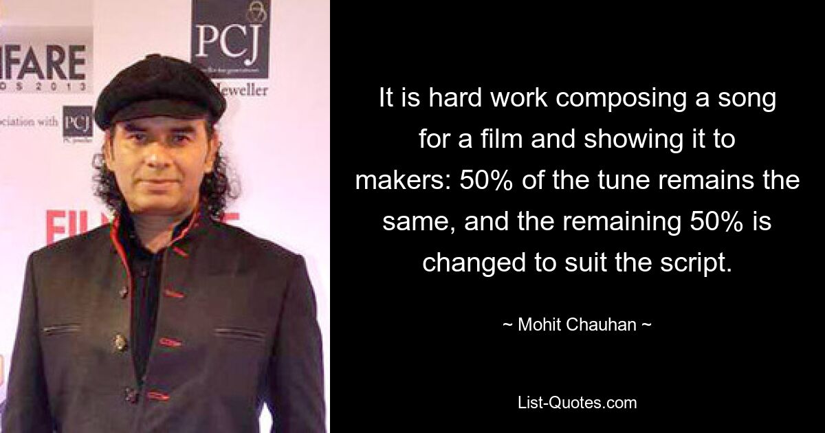 It is hard work composing a song for a film and showing it to makers: 50% of the tune remains the same, and the remaining 50% is changed to suit the script. — © Mohit Chauhan