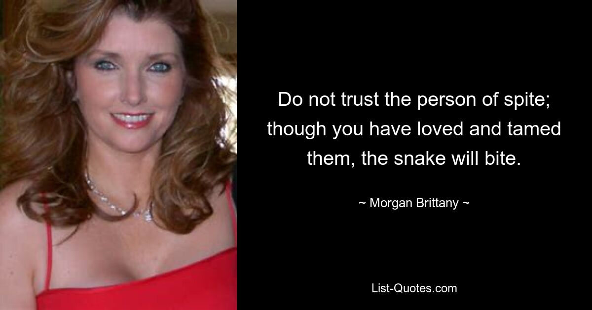 Do not trust the person of spite; though you have loved and tamed them, the snake will bite. — © Morgan Brittany