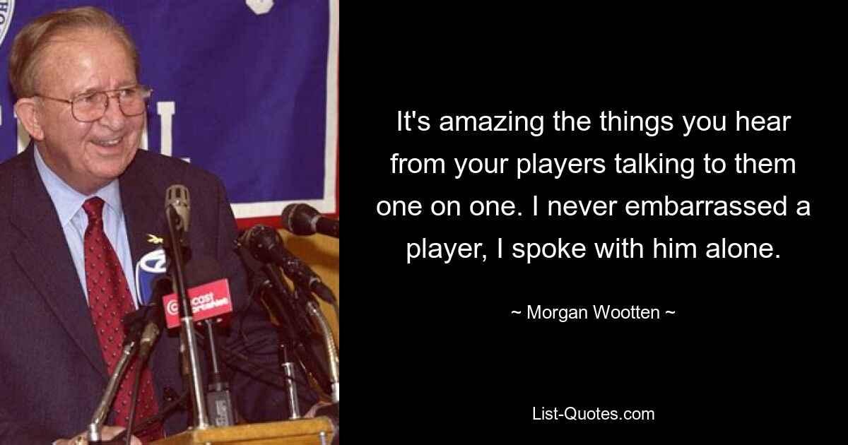 It's amazing the things you hear from your players talking to them one on one. I never embarrassed a player, I spoke with him alone. — © Morgan Wootten