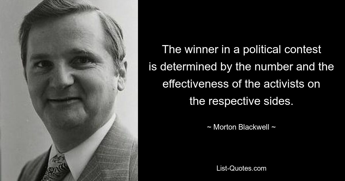 The winner in a political contest is determined by the number and the effectiveness of the activists on the respective sides. — © Morton Blackwell