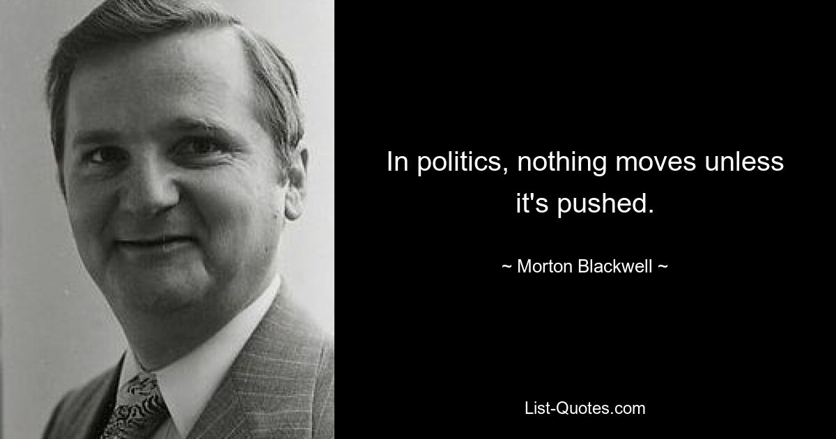 In politics, nothing moves unless it's pushed. — © Morton Blackwell