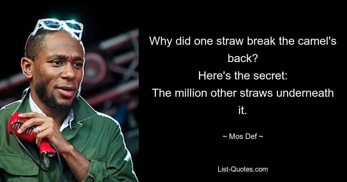 Why did one straw break the camel's back?
Here's the secret:
The million other straws underneath it. — © Mos Def