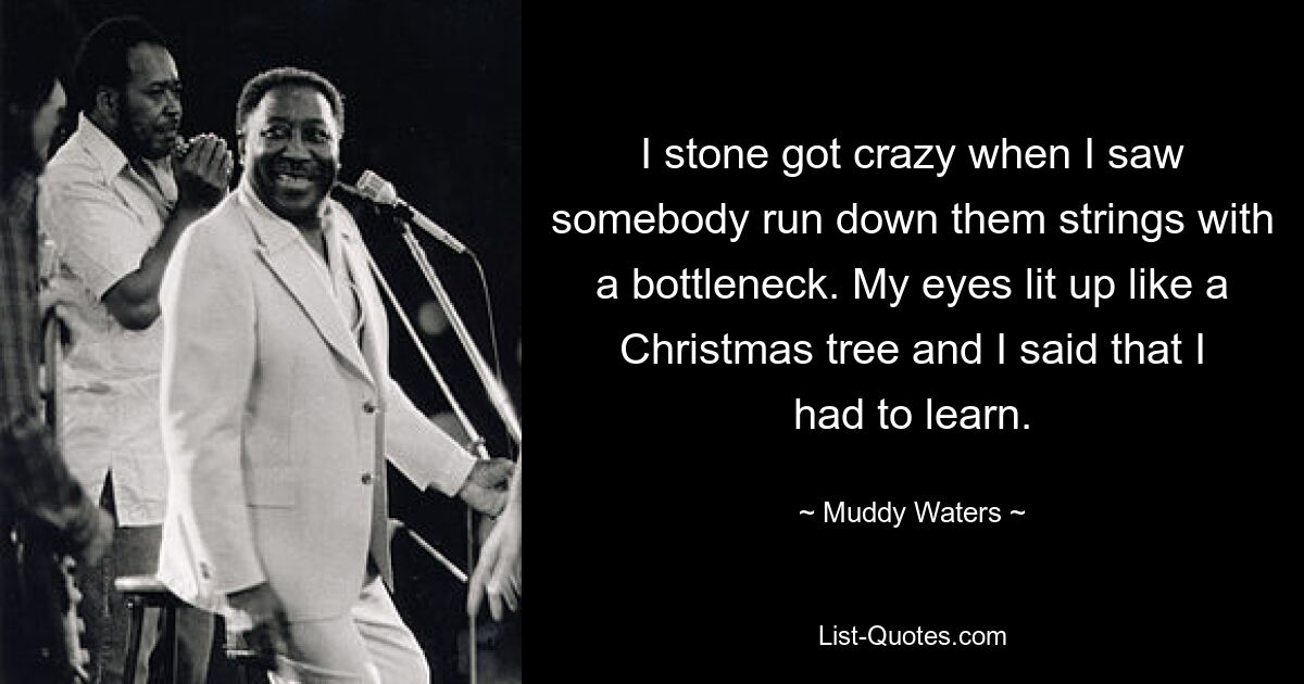 I stone got crazy when I saw somebody run down them strings with a bottleneck. My eyes lit up like a Christmas tree and I said that I had to learn. — © Muddy Waters