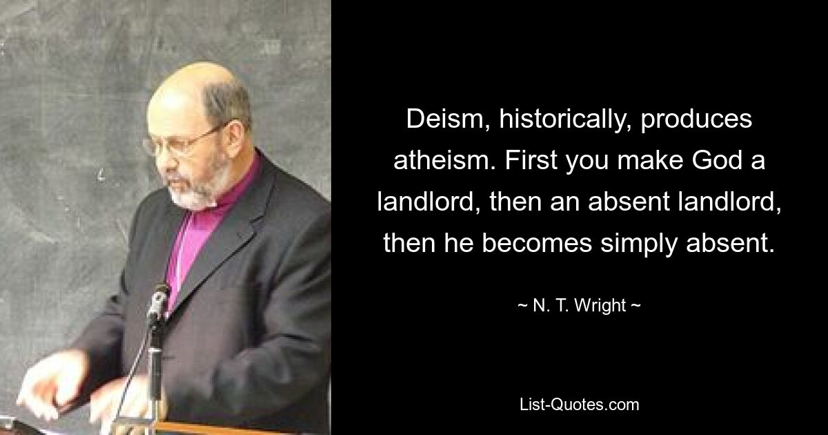 Deism, historically, produces atheism. First you make God a landlord, then an absent landlord, then he becomes simply absent. — © N. T. Wright