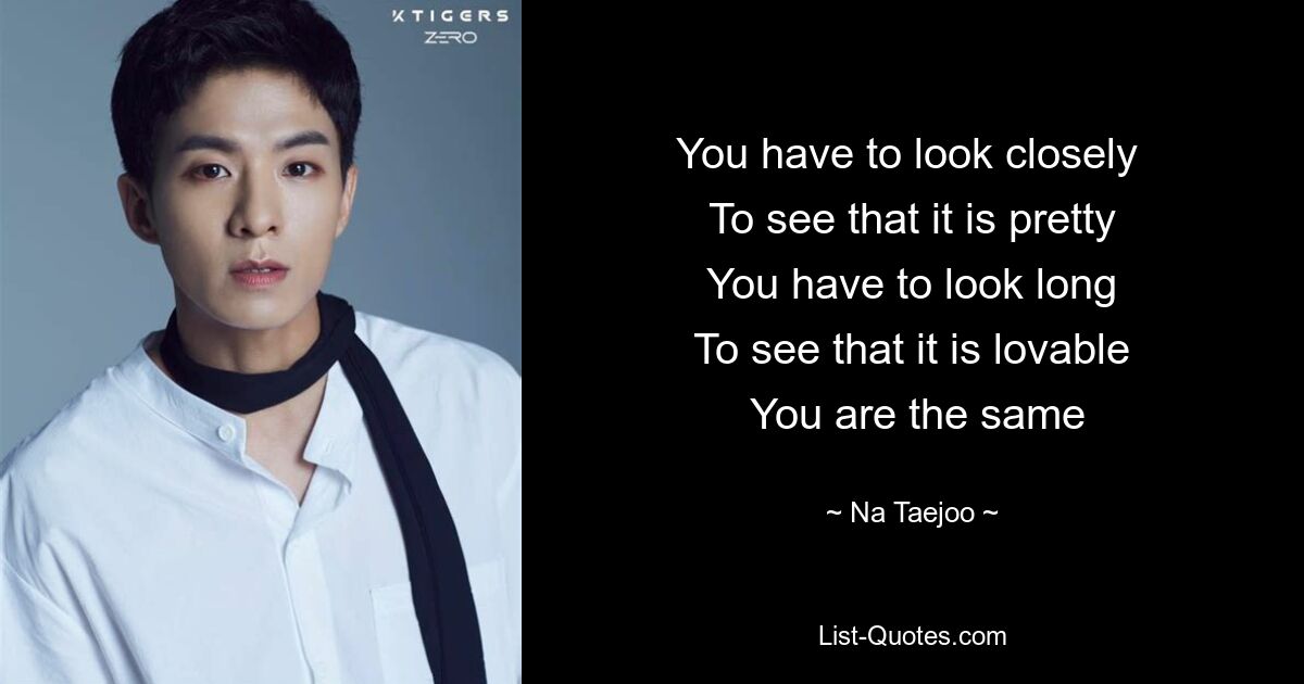 You have to look closely 
 To see that it is pretty 
 You have to look long 
 To see that it is lovable 
 You are the same — © Na Taejoo