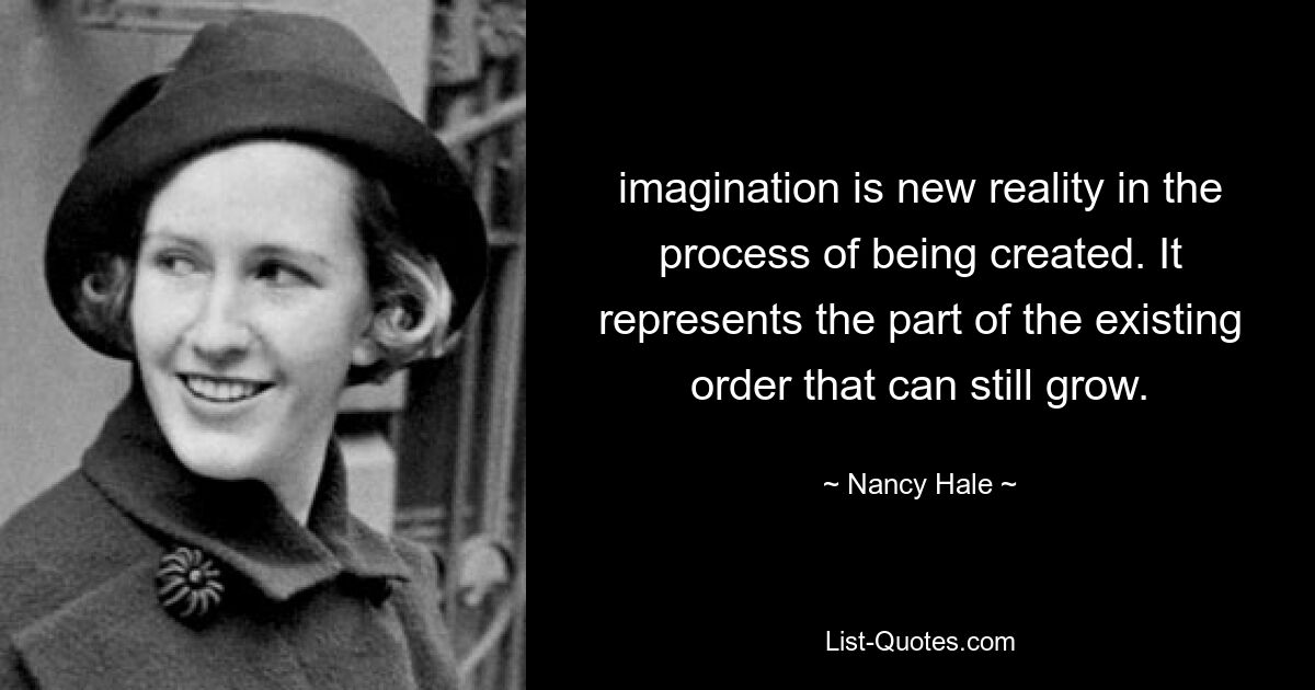 imagination is new reality in the process of being created. It represents the part of the existing order that can still grow. — © Nancy Hale