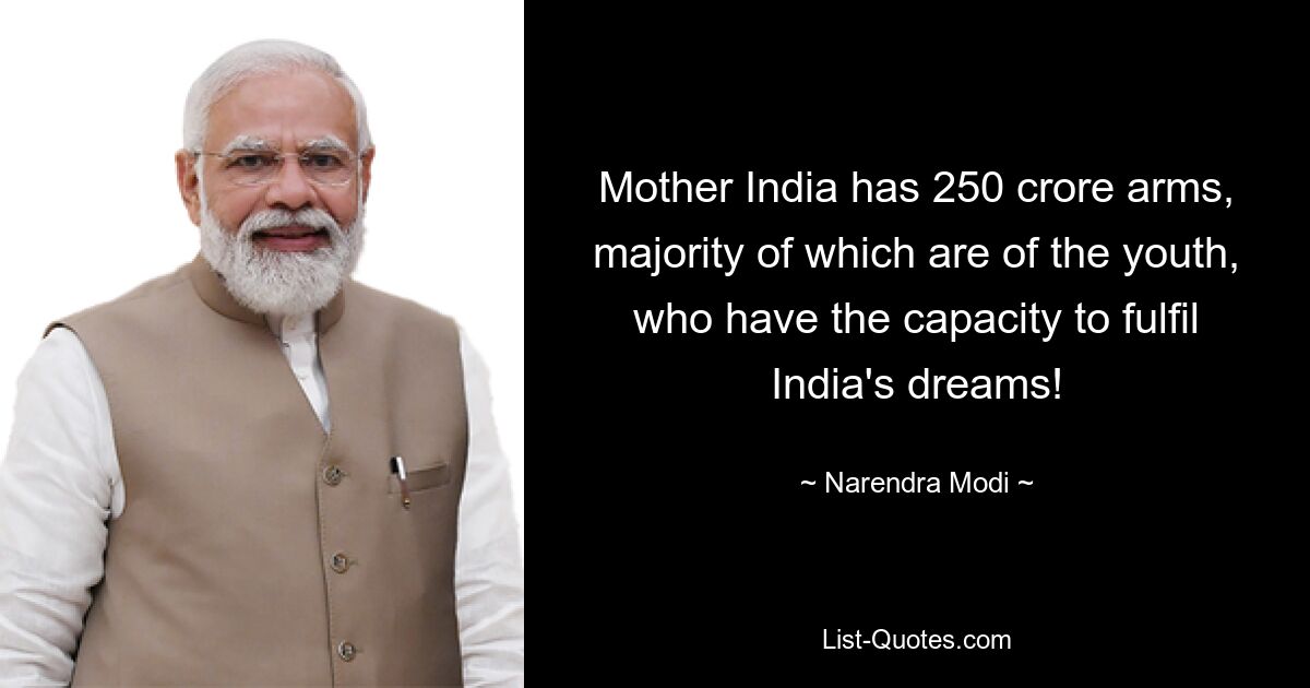 Mother India has 250 crore arms, majority of which are of the youth, who have the capacity to fulfil India's dreams! — © Narendra Modi