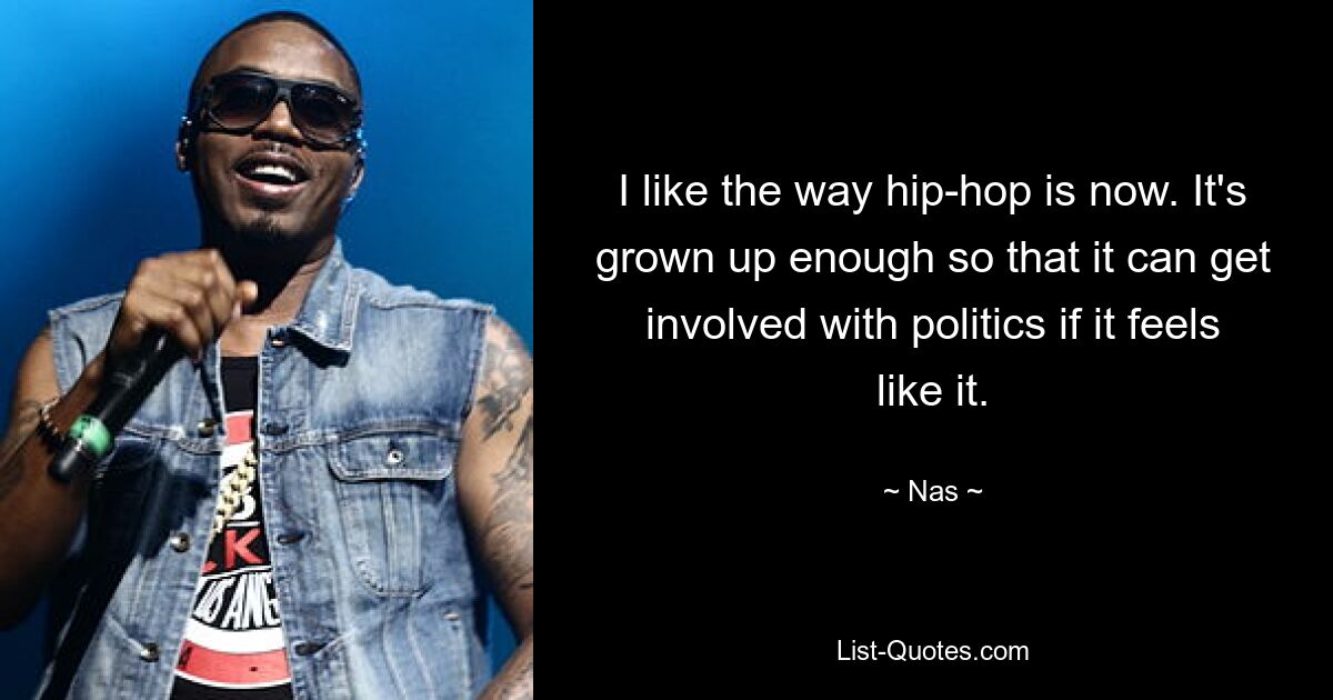 I like the way hip-hop is now. It's grown up enough so that it can get involved with politics if it feels like it. — © Nas