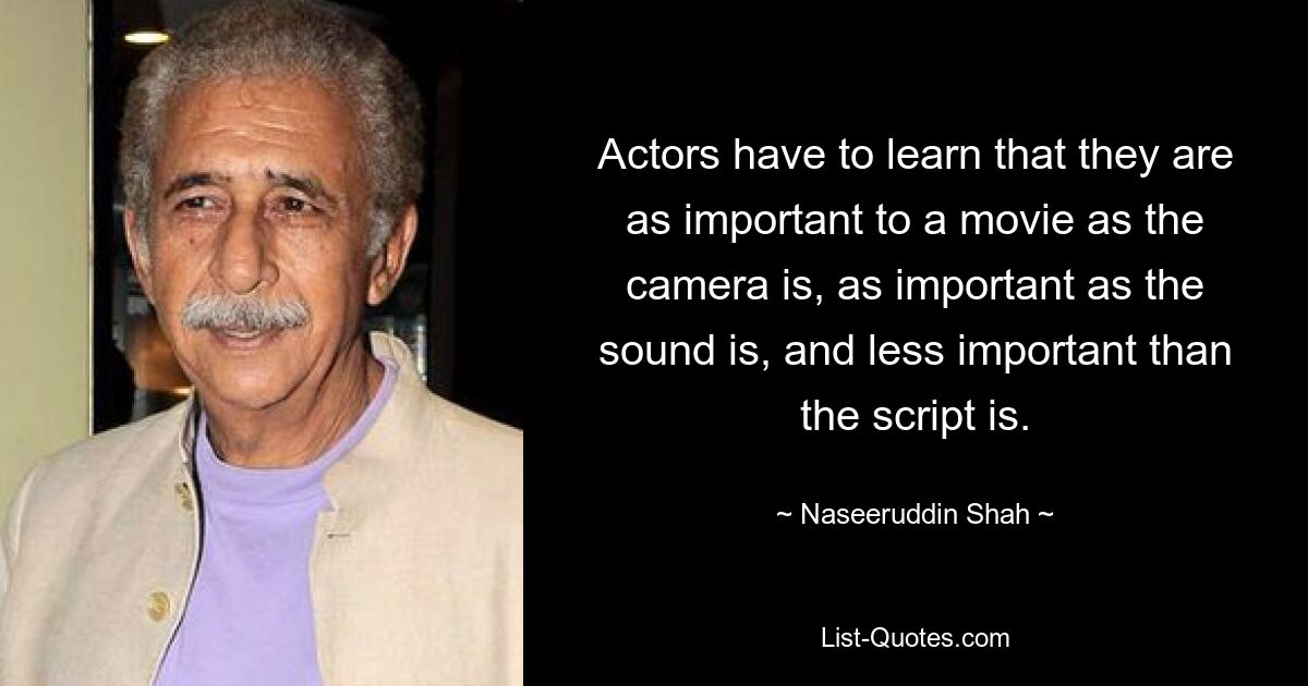 Actors have to learn that they are as important to a movie as the camera is, as important as the sound is, and less important than the script is. — © Naseeruddin Shah