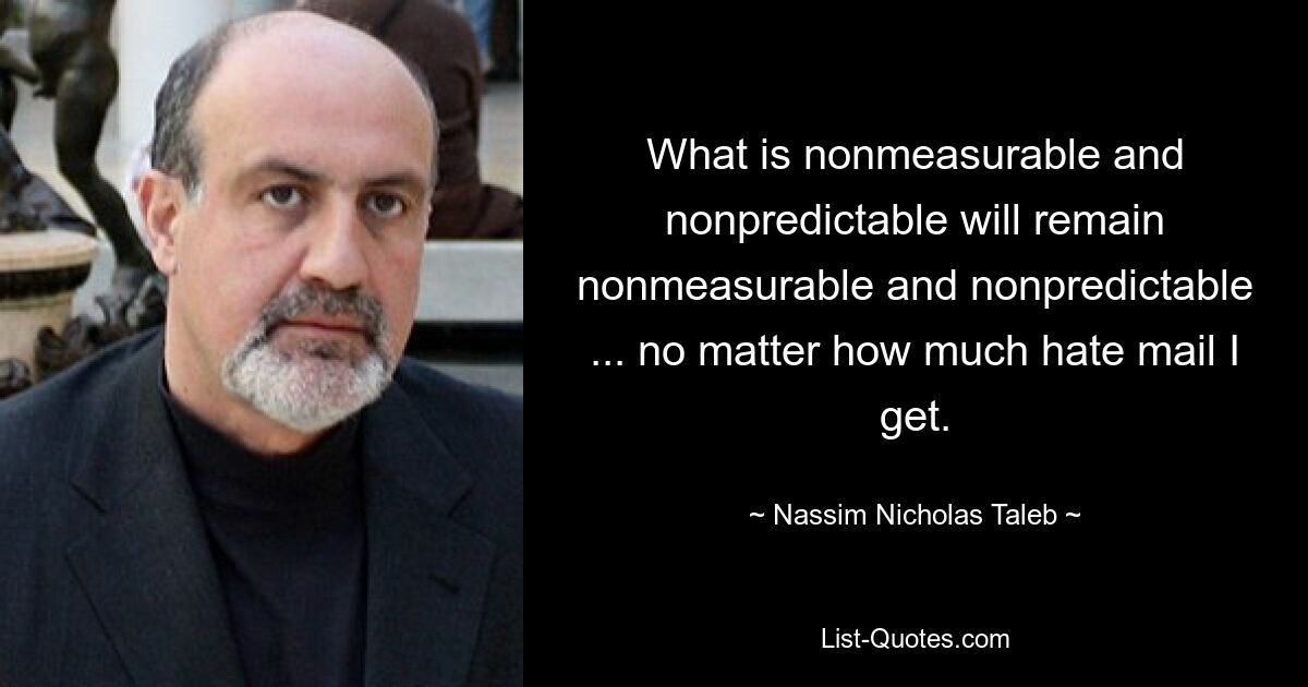 What is nonmeasurable and nonpredictable will remain nonmeasurable and nonpredictable ... no matter how much hate mail I get. — © Nassim Nicholas Taleb