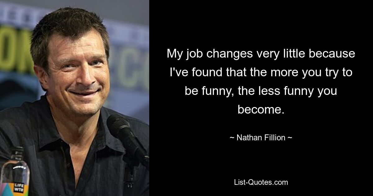 My job changes very little because I've found that the more you try to be funny, the less funny you become. — © Nathan Fillion