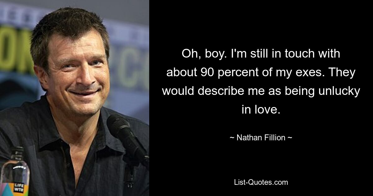 Oh, boy. I'm still in touch with about 90 percent of my exes. They would describe me as being unlucky in love. — © Nathan Fillion