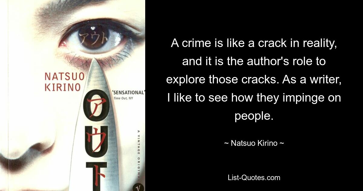 A crime is like a crack in reality, and it is the author's role to explore those cracks. As a writer, I like to see how they impinge on people. — © Natsuo Kirino