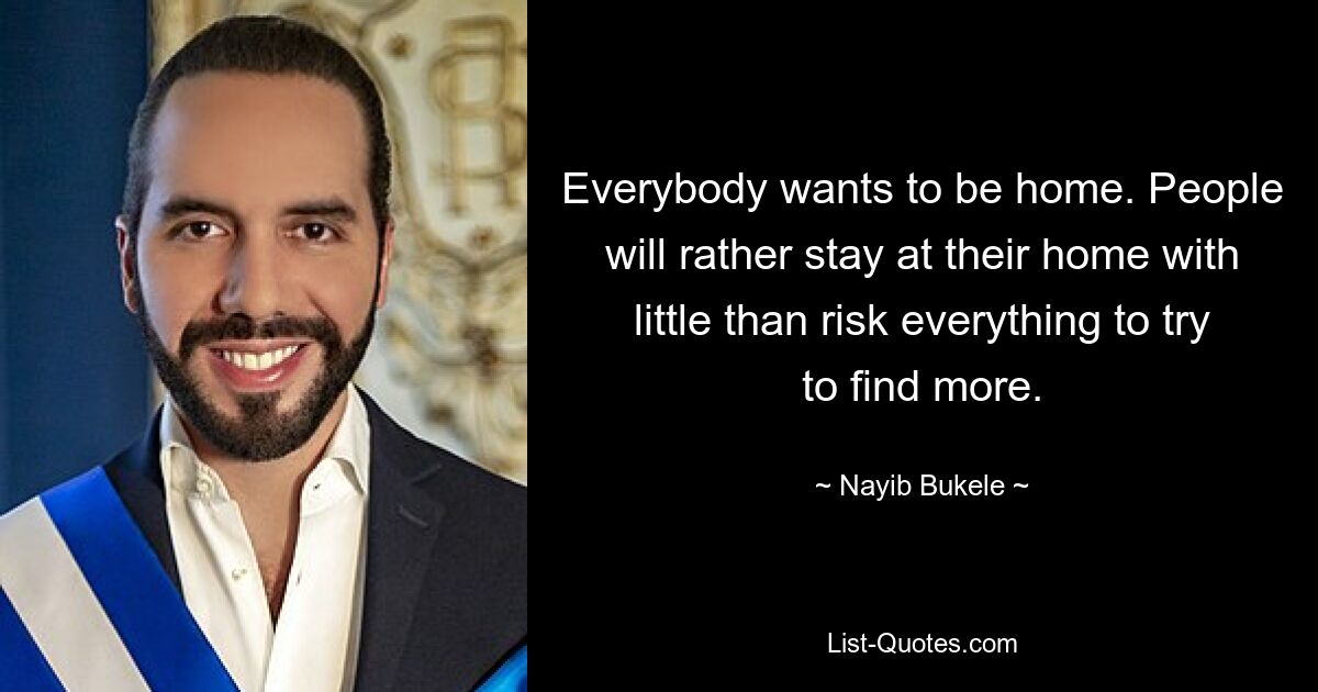 Everybody wants to be home. People will rather stay at their home with little than risk everything to try to find more. — © Nayib Bukele