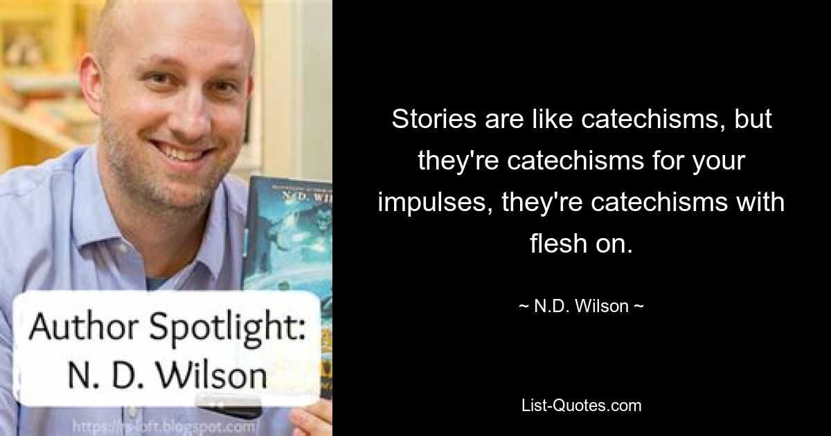 Stories are like catechisms, but they're catechisms for your impulses, they're catechisms with flesh on. — © N.D. Wilson