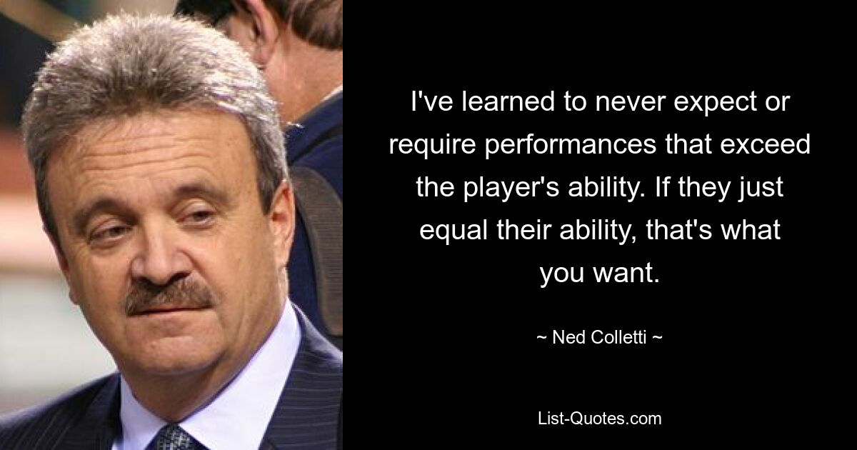 I've learned to never expect or require performances that exceed the player's ability. If they just equal their ability, that's what you want. — © Ned Colletti