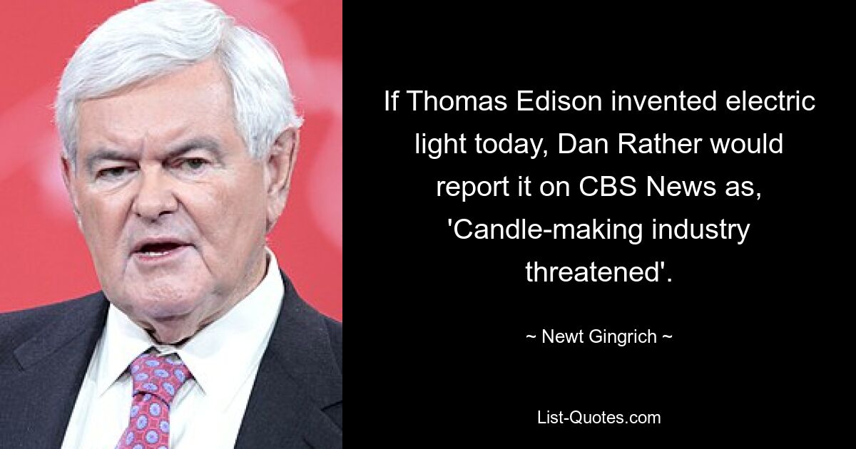 If Thomas Edison invented electric light today, Dan Rather would report it on CBS News as, 'Candle-making industry threatened'. — © Newt Gingrich