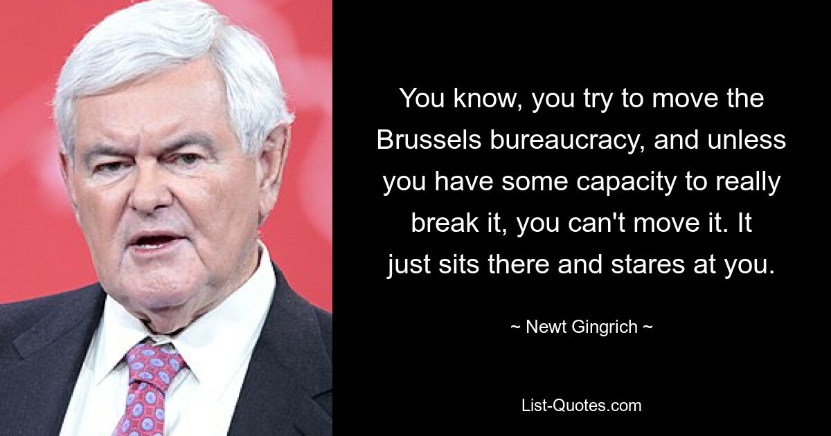 You know, you try to move the Brussels bureaucracy, and unless you have some capacity to really break it, you can't move it. It just sits there and stares at you. — © Newt Gingrich