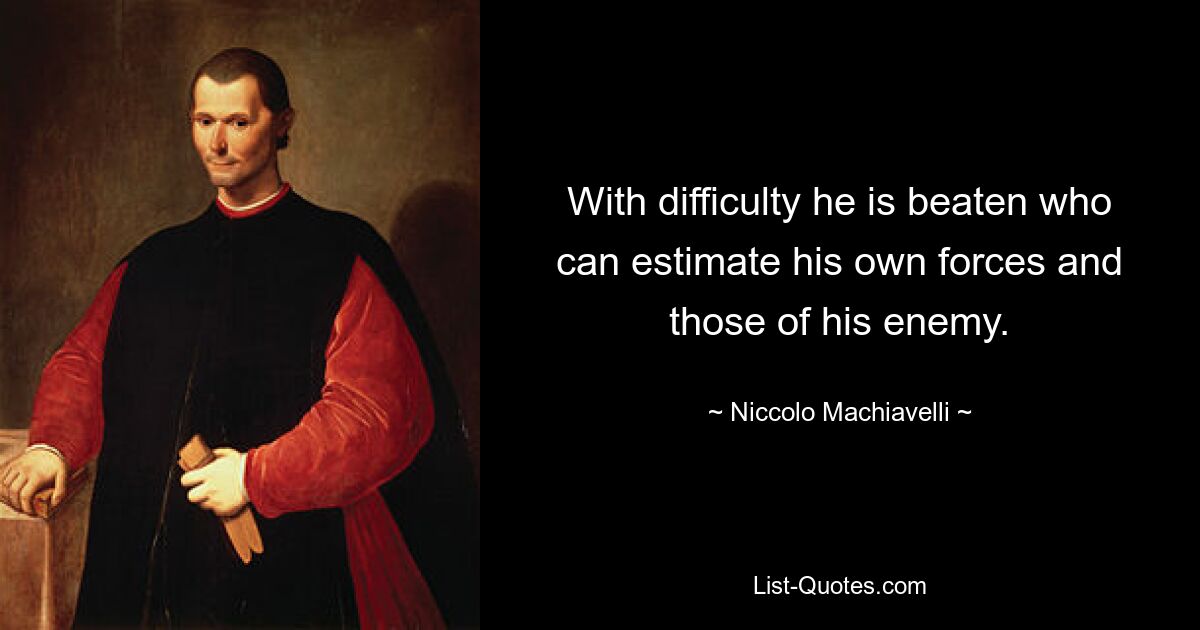 With difficulty he is beaten who can estimate his own forces and those of his enemy. — © Niccolo Machiavelli