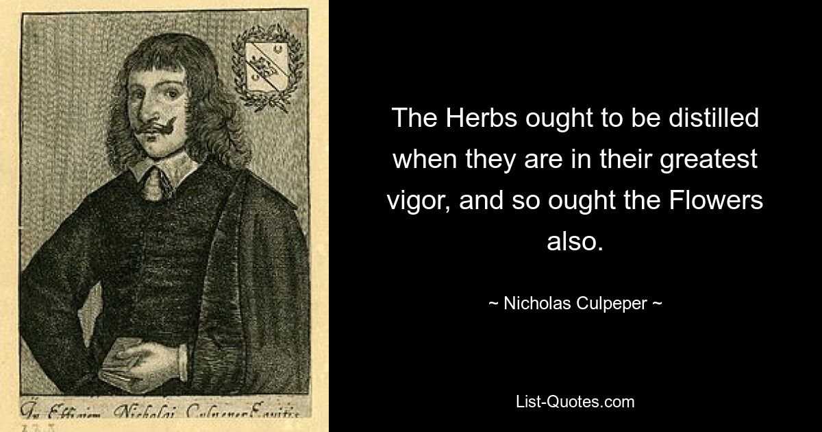 The Herbs ought to be distilled when they are in their greatest vigor, and so ought the Flowers also. — © Nicholas Culpeper