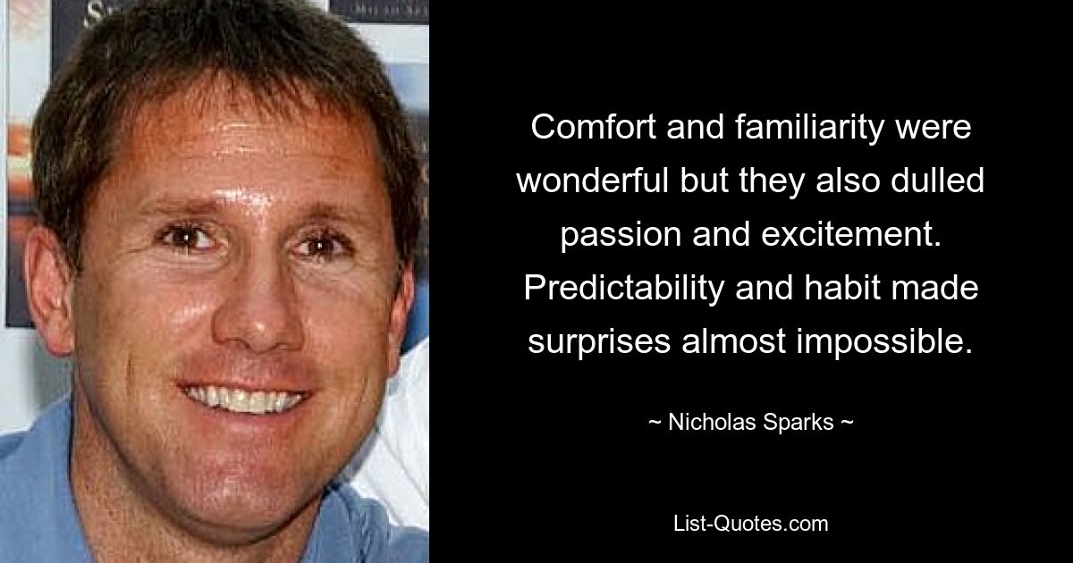 Comfort and familiarity were wonderful but they also dulled passion and excitement. Predictability and habit made surprises almost impossible. — © Nicholas Sparks