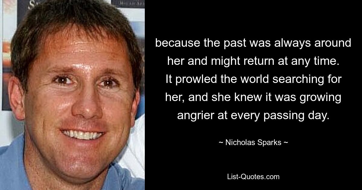 because the past was always around her and might return at any time. It prowled the world searching for her, and she knew it was growing angrier at every passing day. — © Nicholas Sparks