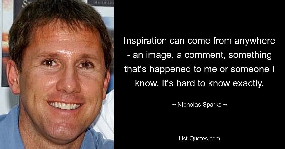 Inspiration can come from anywhere - an image, a comment, something that's happened to me or someone I know. It's hard to know exactly. — © Nicholas Sparks