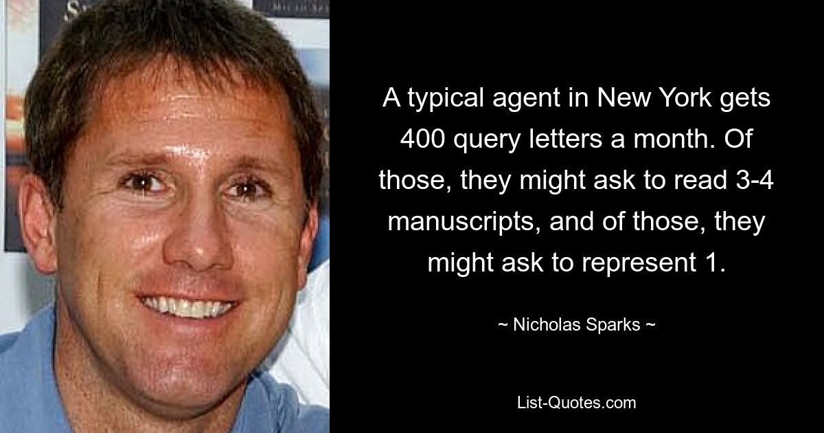 A typical agent in New York gets 400 query letters a month. Of those, they might ask to read 3-4 manuscripts, and of those, they might ask to represent 1. — © Nicholas Sparks