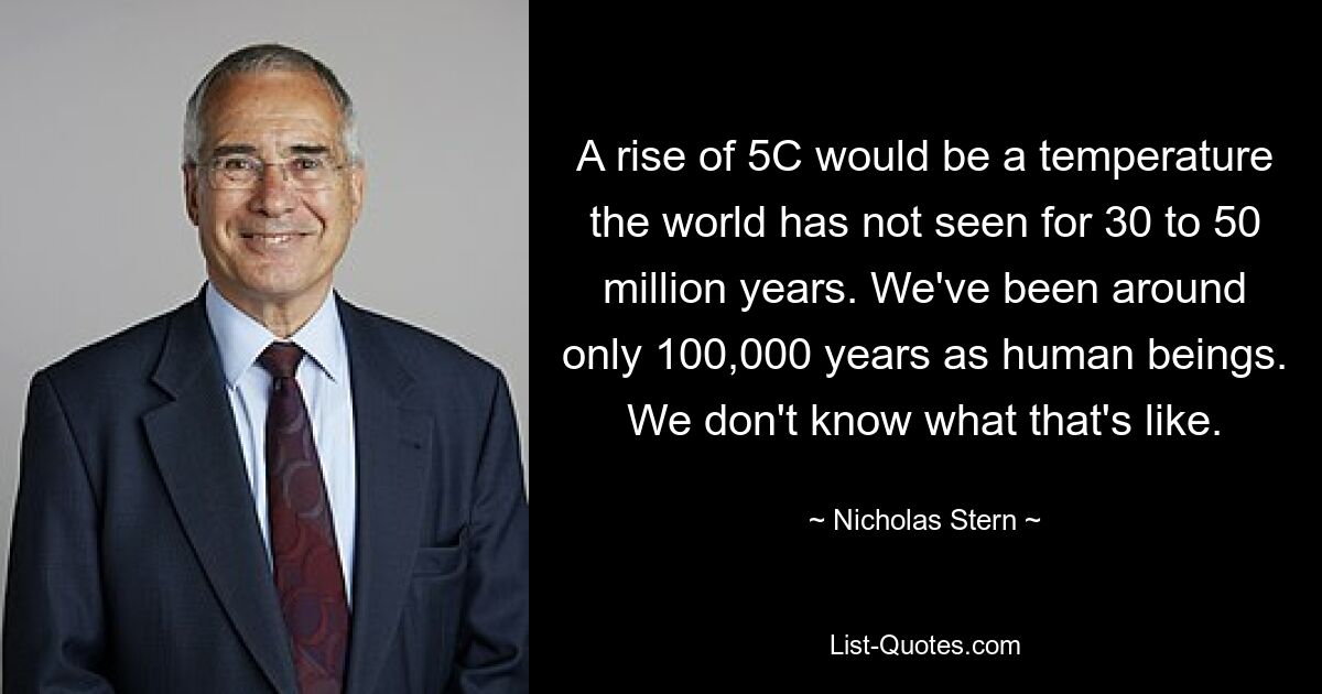 A rise of 5C would be a temperature the world has not seen for 30 to 50 million years. We've been around only 100,000 years as human beings. We don't know what that's like. — © Nicholas Stern