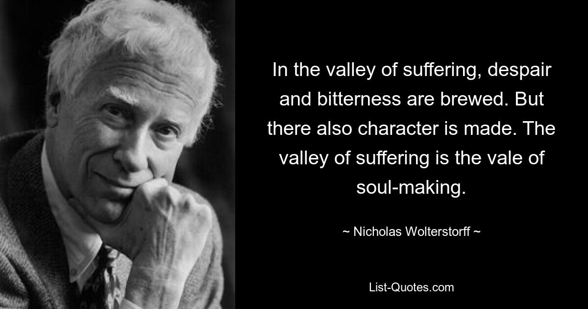 In the valley of suffering, despair and bitterness are brewed. But there also character is made. The valley of suffering is the vale of soul-making. — © Nicholas Wolterstorff