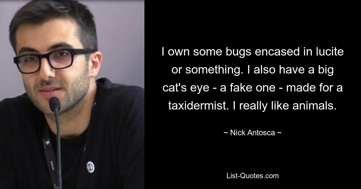 I own some bugs encased in lucite or something. I also have a big cat's eye - a fake one - made for a taxidermist. I really like animals. — © Nick Antosca