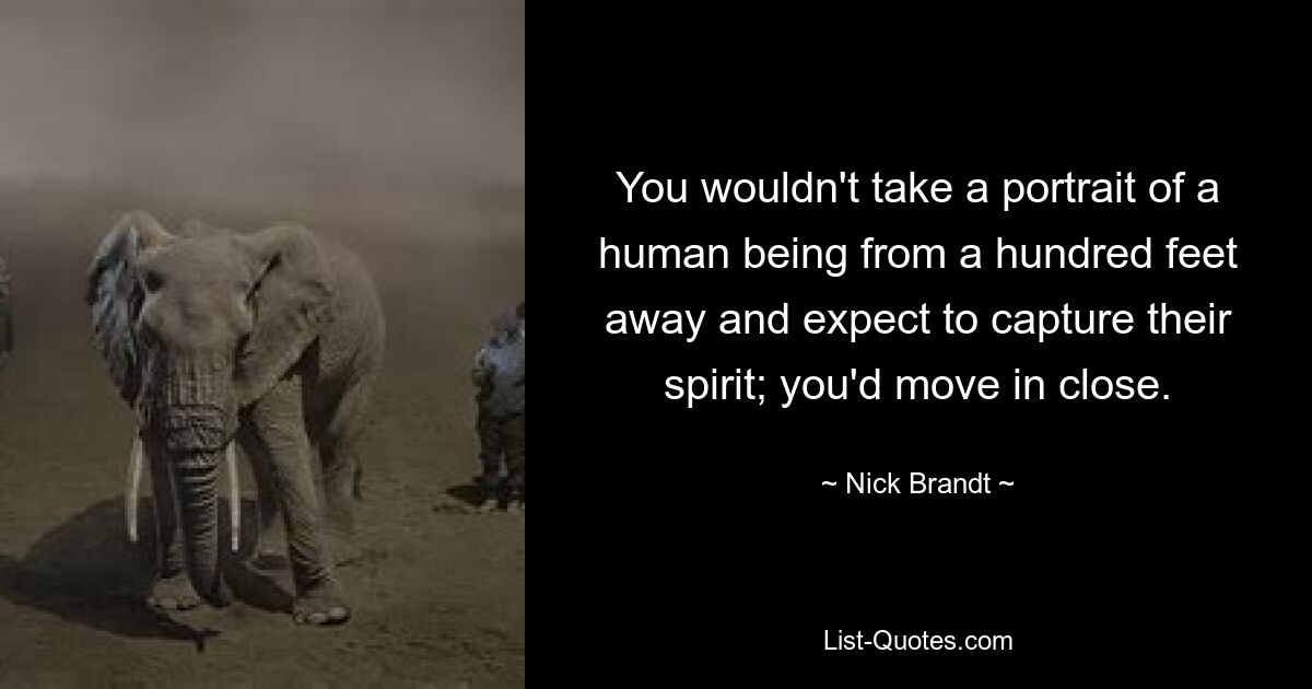 You wouldn't take a portrait of a human being from a hundred feet away and expect to capture their spirit; you'd move in close. — © Nick Brandt