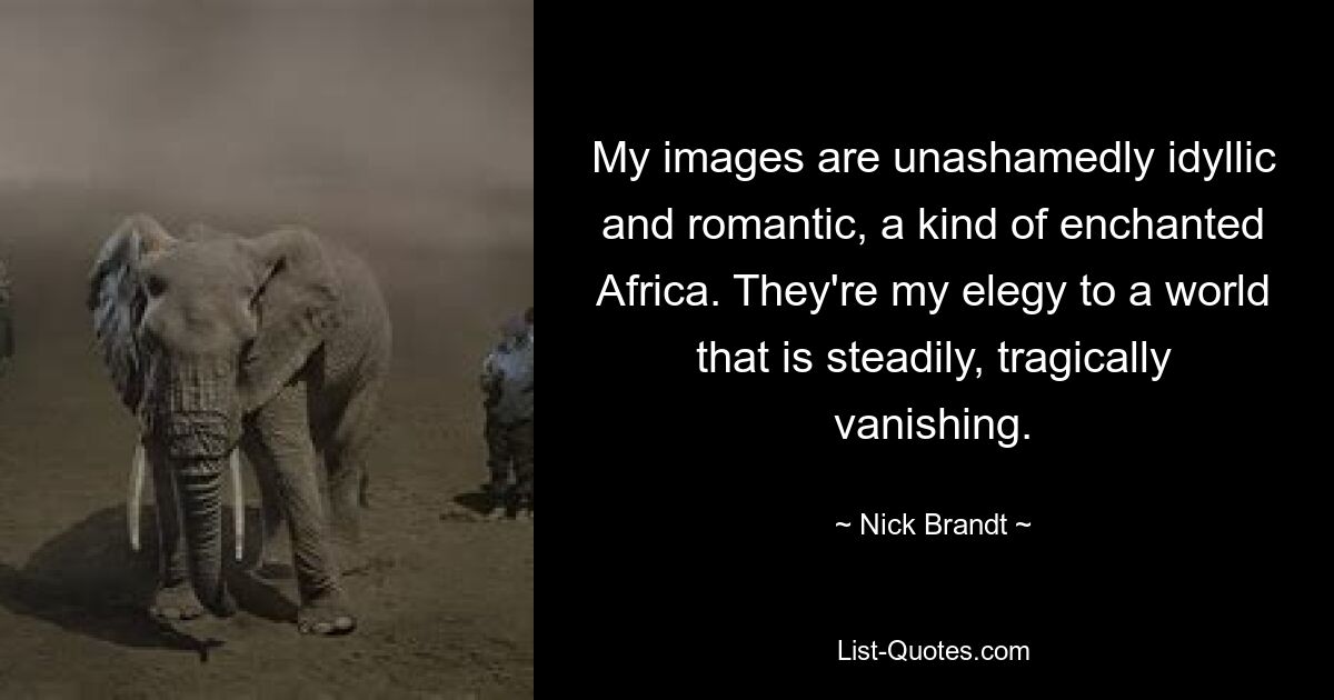 My images are unashamedly idyllic and romantic, a kind of enchanted Africa. They're my elegy to a world that is steadily, tragically vanishing. — © Nick Brandt