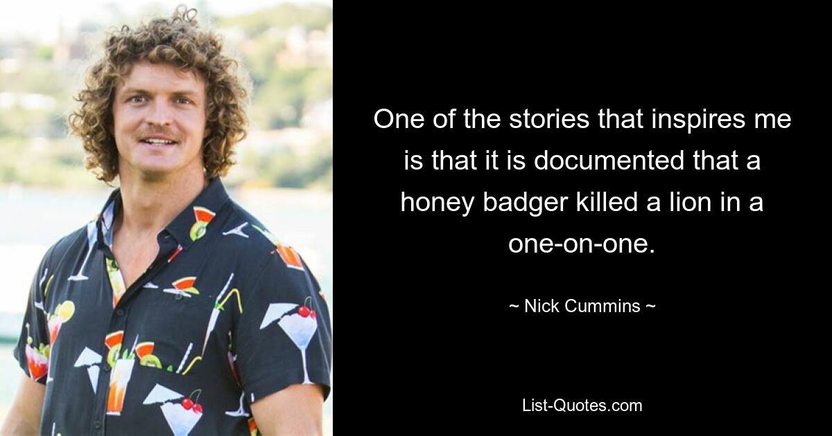 One of the stories that inspires me is that it is documented that a honey badger killed a lion in a one-on-one. — © Nick Cummins