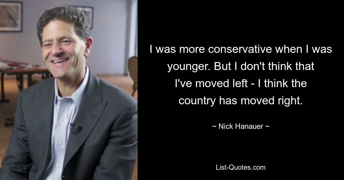 I was more conservative when I was younger. But I don't think that I've moved left - I think the country has moved right. — © Nick Hanauer