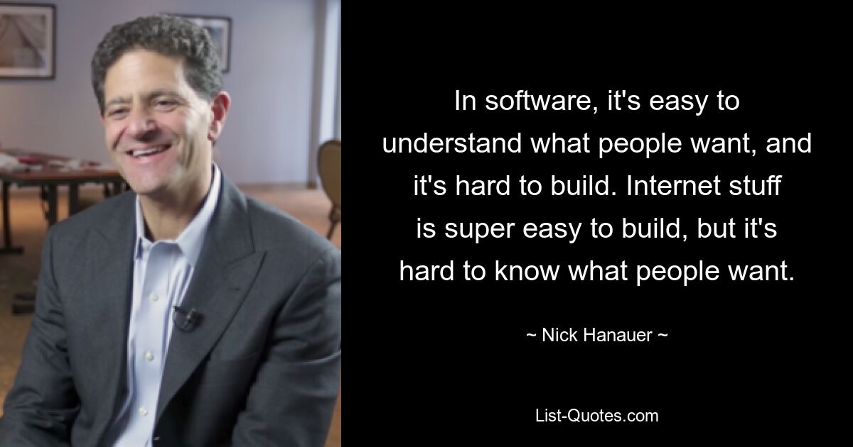 In software, it's easy to understand what people want, and it's hard to build. Internet stuff is super easy to build, but it's hard to know what people want. — © Nick Hanauer