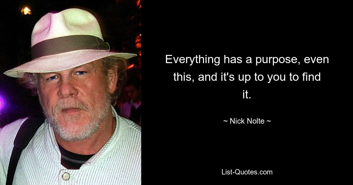 Everything has a purpose, even this, and it's up to you to find it. — © Nick Nolte