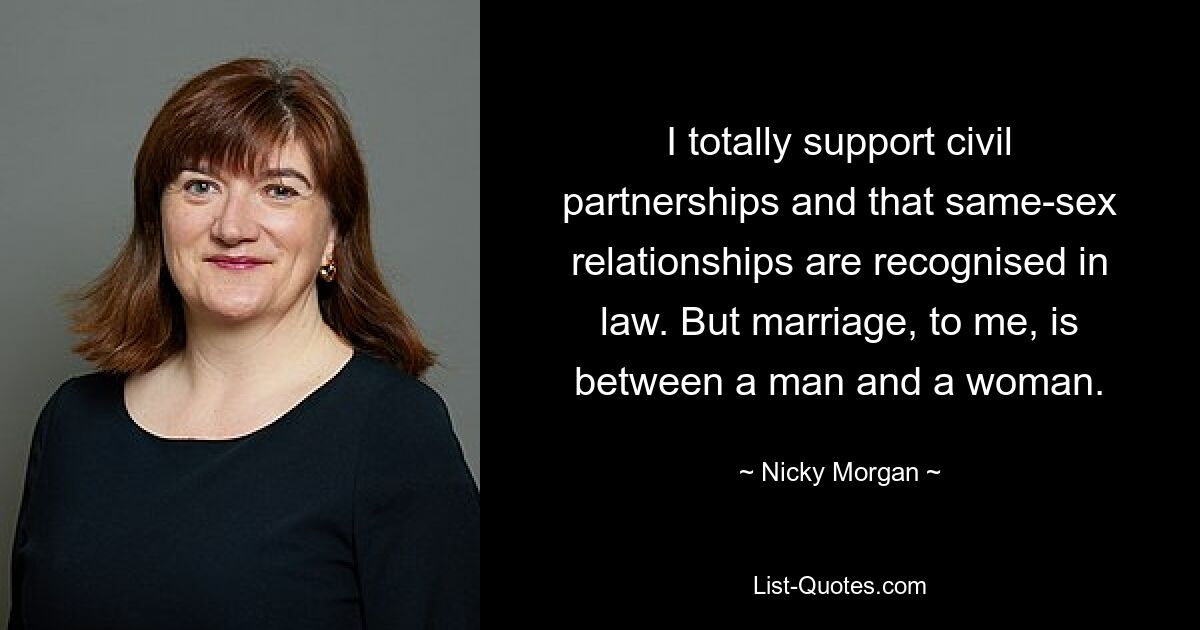 I totally support civil partnerships and that same-sex relationships are recognised in law. But marriage, to me, is between a man and a woman. — © Nicky Morgan