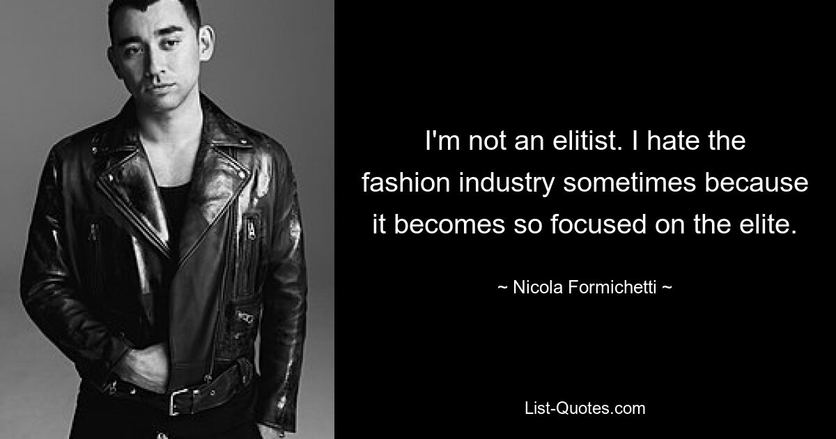 I'm not an elitist. I hate the fashion industry sometimes because it becomes so focused on the elite. — © Nicola Formichetti