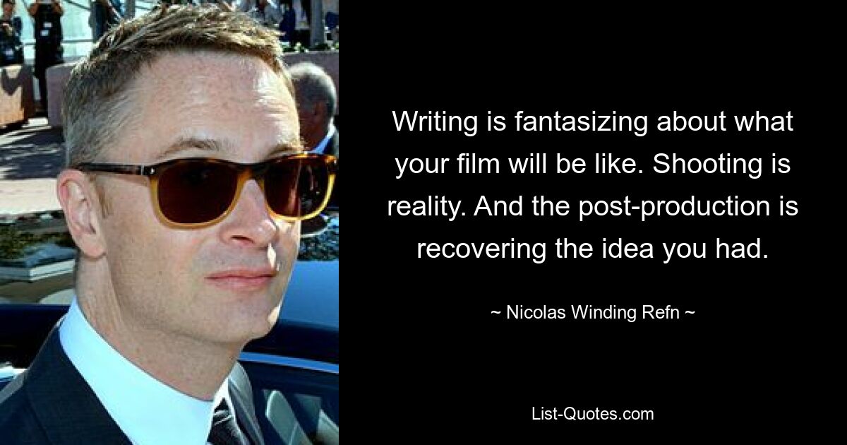 Writing is fantasizing about what your film will be like. Shooting is reality. And the post-production is recovering the idea you had. — © Nicolas Winding Refn