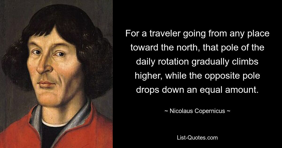 For a traveler going from any place toward the north, that pole of the daily rotation gradually climbs higher, while the opposite pole drops down an equal amount. — © Nicolaus Copernicus