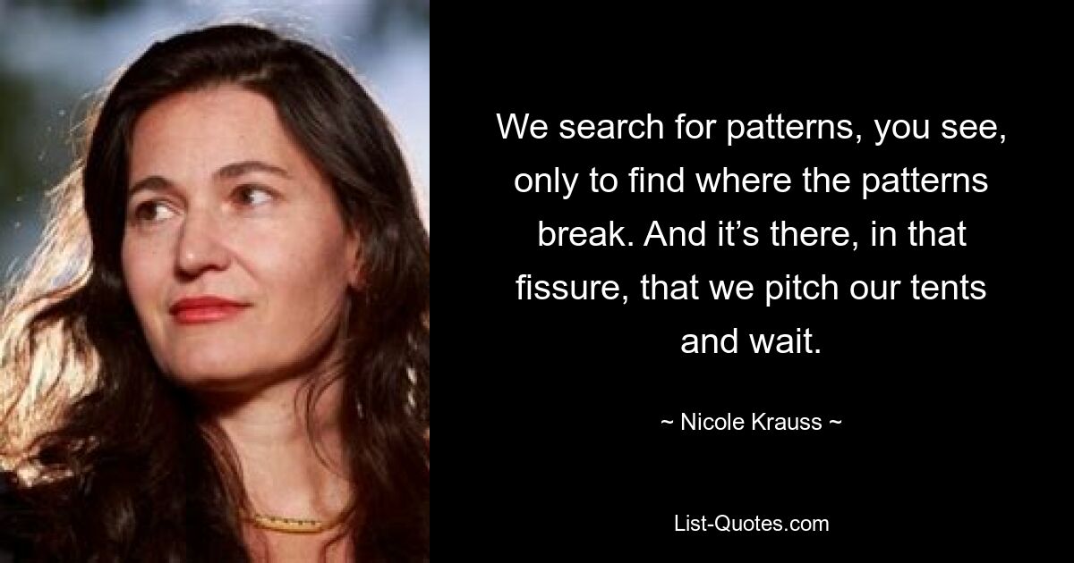 We search for patterns, you see, only to find where the patterns break. And it’s there, in that fissure, that we pitch our tents and wait. — © Nicole Krauss