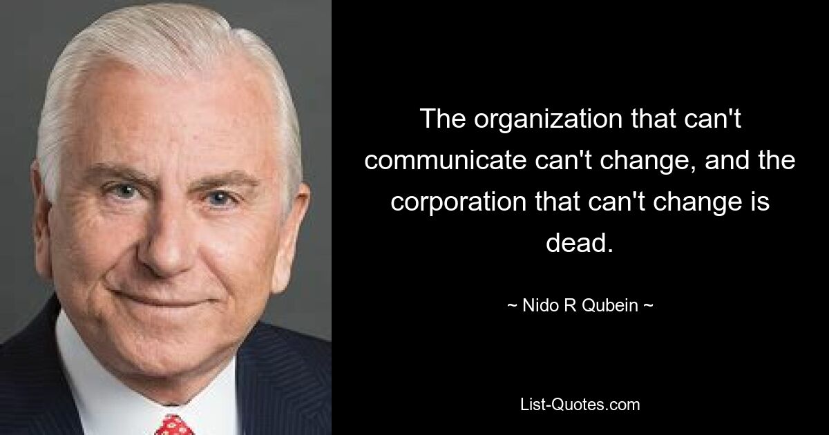 The organization that can't communicate can't change, and the corporation that can't change is dead. — © Nido R Qubein