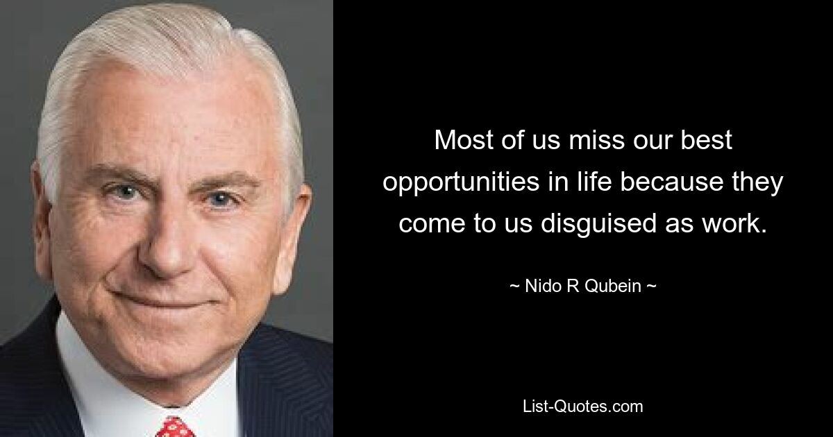 Most of us miss our best opportunities in life because they come to us disguised as work. — © Nido R Qubein