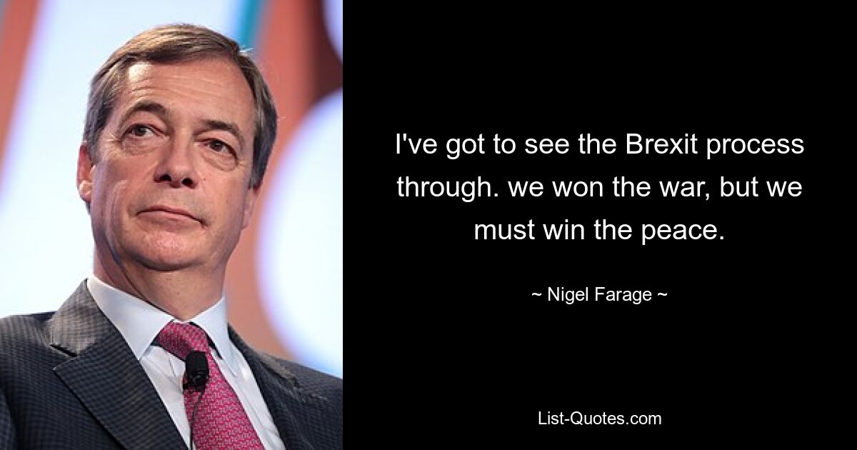 I've got to see the Brexit process through. we won the war, but we must win the peace. — © Nigel Farage